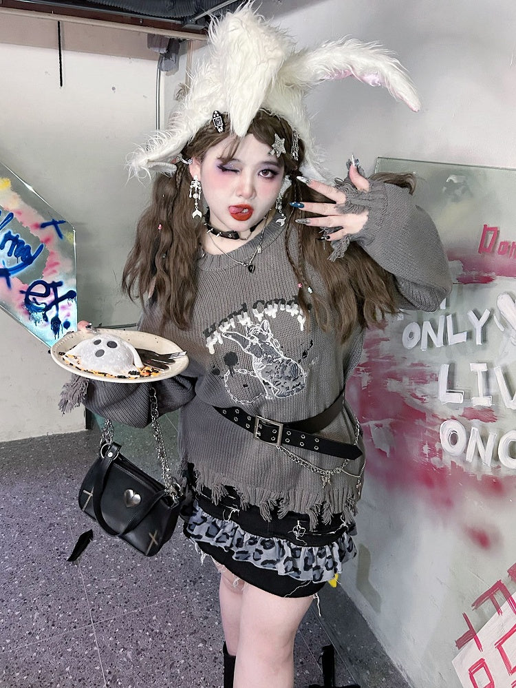 Plus Size Gray Kitty Sweater Distressed Holes