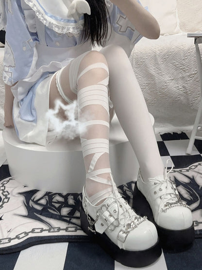 Jirai Kei Polished White Y2K Bone Design Buckle Strap Platform Shoes