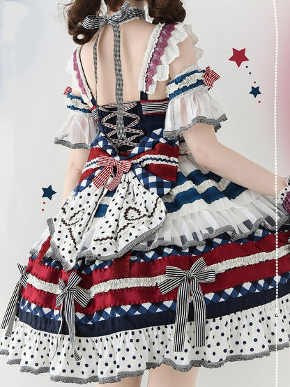 Dark Blue and Red Blueberry Cake Bow Accents Tiered Skirt Sweet Lolita JSK Full Set