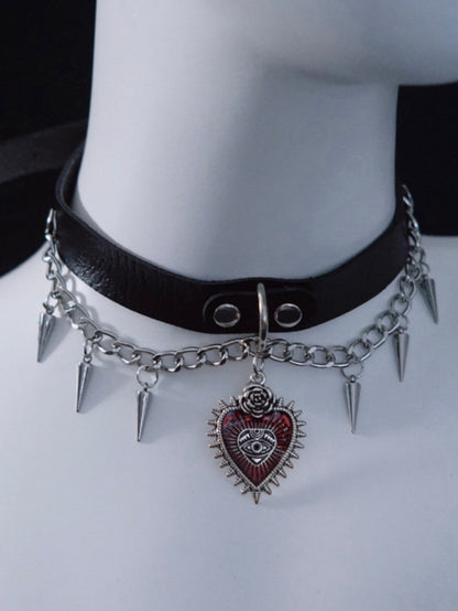 Gothic Heart Pendant Black and Silver PU Choker with Studs and Chains