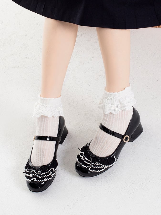 Black Beaded Round Buckle Bowknot Decorated Multiple Layers Lace Mary Janes