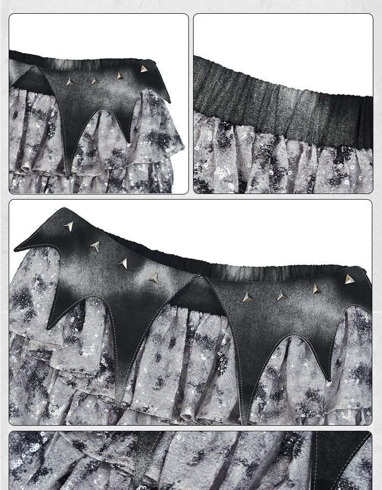 Y3K Fashion Futuristic Silver Gray Low Waist Bat Wing Detail Waistband Sequins Tiered Cyberpunk Skirt