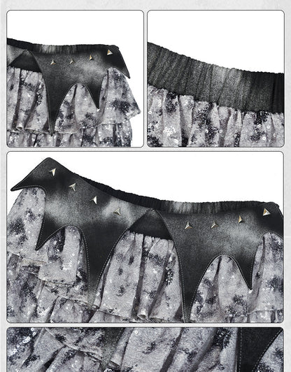 Y3K Fashion Futuristic Silver Gray Low Waist Bat Wing Detail Waistband Sequins Tiered Cyberpunk Skirt