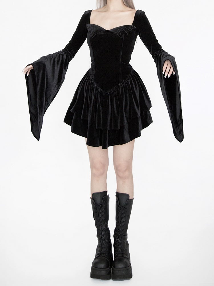 Gothic Black Velvet Bell Sleeves  Tiered Skirt Witch Dress