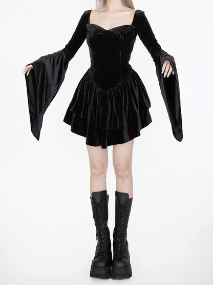 Gothic Black Velvet Bell Sleeves  Tiered Skirt Witch Dress