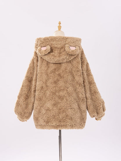Brown Fluffy Teddy Bear Jacket with Ears Hood for Girls/Women