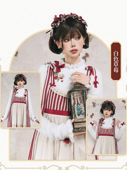 Strawberry Embroidery Neckline Bowknot on Cuffs White Autumn Knit Top