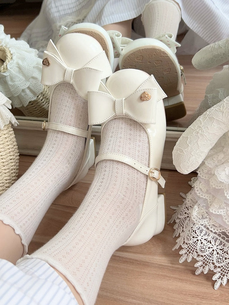 Bow at Top White Round Toe 3cm Heel Sweet Mary Janes