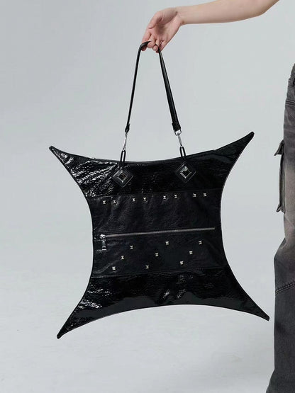 Gothic Punk Studs Black Four-pointed Star Large Capacity PU Bag