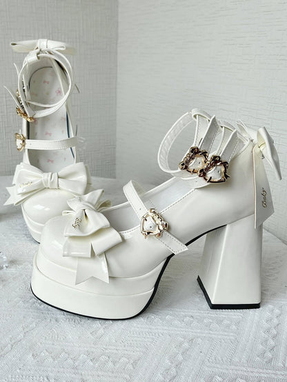 White Bow Accents High Block Heel Platform High Heels