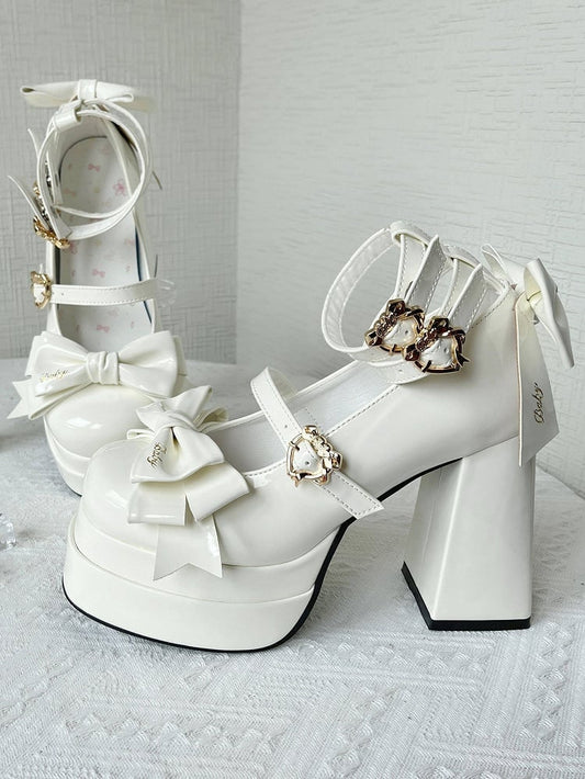 White Bow Accents High Block Heel Platform High Heels