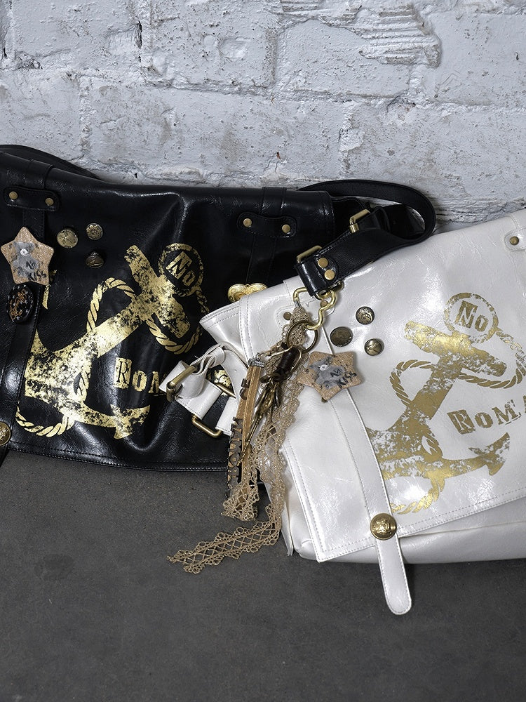 Gold Ship Anchor Print Punk Distressed Design Black/White PVC Crossbody Bag