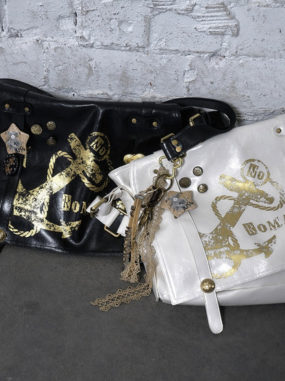 Gold Ship Anchor Print Punk Distressed Design Black/White PVC Crossbody Bag