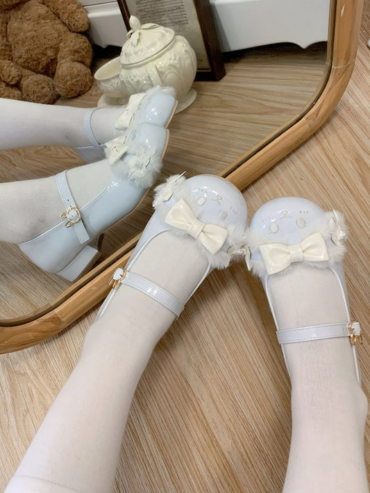 Blue Bowknot Details Plush Bunny Ear Sweet Lolita Round Toe Shoes With Bunny Buckle Strap