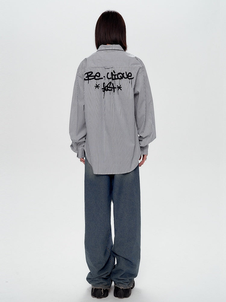 Black Graffiti Letters Blue and White Striped Preppy Unisex Shirt