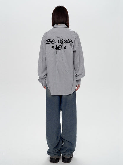 Black Graffiti Letters Blue and White Striped Preppy Unisex Shirt