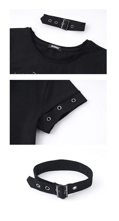 Black Wings Print Cotton Cropped T-shirt with Choker