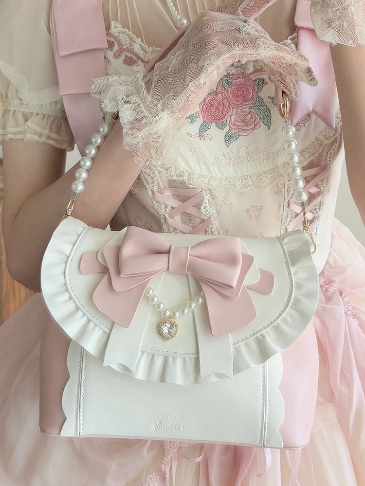 Elegant Lolita Pink & White Hand/Crossbody Bay - Crystal Heart Charm with Beaded Chain Bow & Dual Detachable Straps