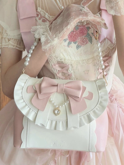Elegant Lolita Pink & White Hand/Crossbody Bay - Crystal Heart Charm with Beaded Chain Bow & Dual Detachable Straps
