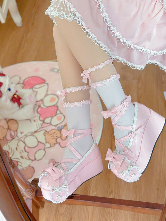 Polished Pink Crisscross Design Bunny Ear Bowknot Sweet Lolita 6.5CM Platforms