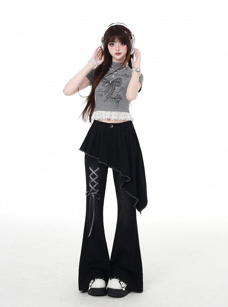 Black Asymmetrical Hem Lace-up Detail Flared Pants Faux Two-Piece with Lace Waist Belt