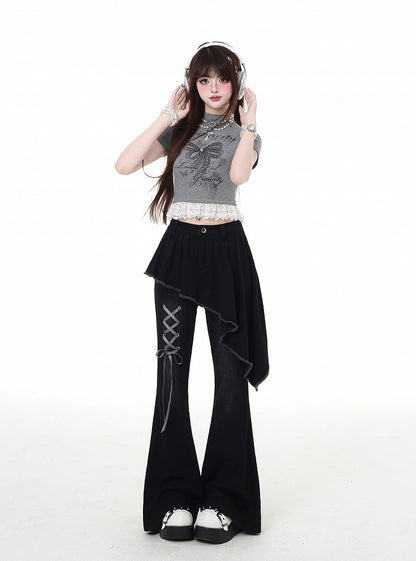 Black Asymmetrical Hem Lace-up Detail Flared Pants Faux Two-Piece with Lace Waist Belt