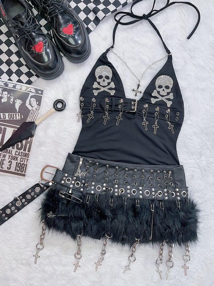 Black Punk Rock Rhinestone Skeleton Decorated Cross Charm Halter Neck Top