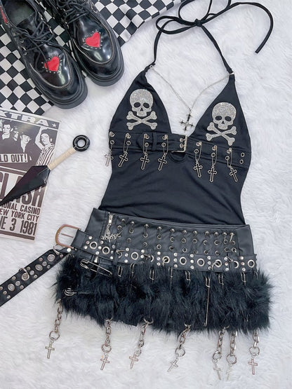 Black Punk Rock Rhinestone Skeleton Decorated Cross Charm Halter Neck Top
