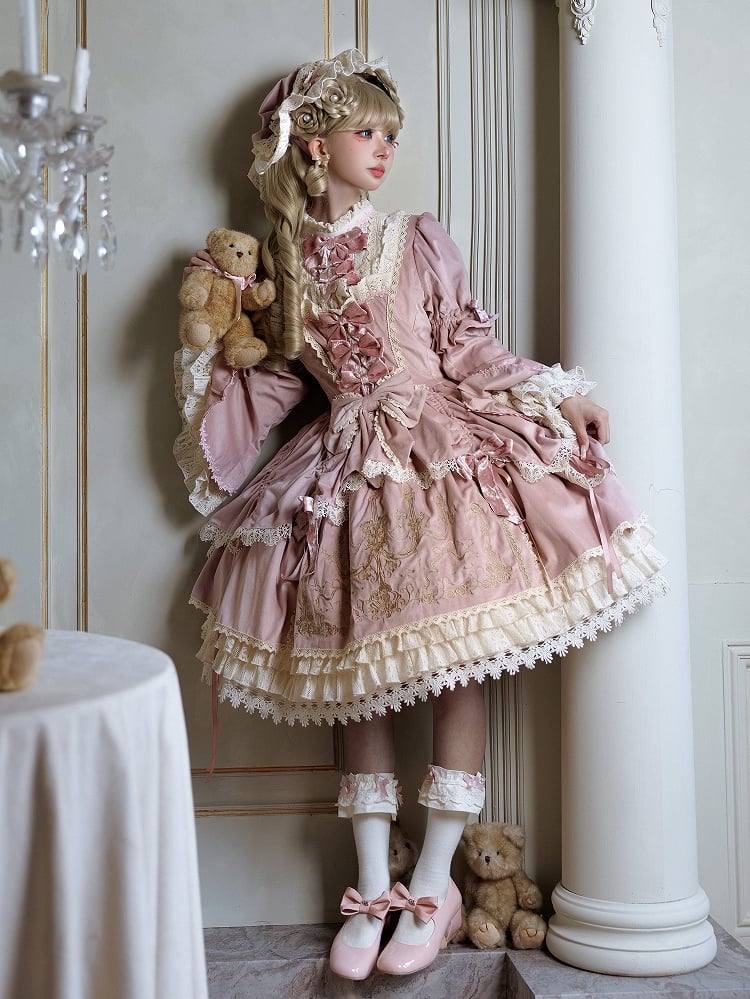 Candle and Candlestick Embroidery Pink Bell Sleeves Velvet Dress Lolita OP / Set