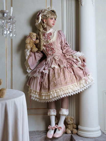 Candle and Candlestick Embroidery Pink Bell Sleeves Velvet Dress Lolita OP / Set