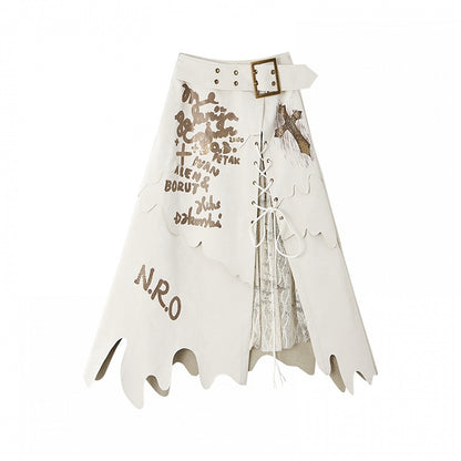 Black/White Asymmetrical Hem Lace-up Detail Skirt with Lace Patches