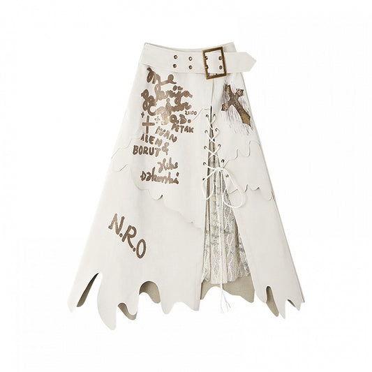Black/White Asymmetrical Hem Lace-up Detail Skirt with Lace Patches
