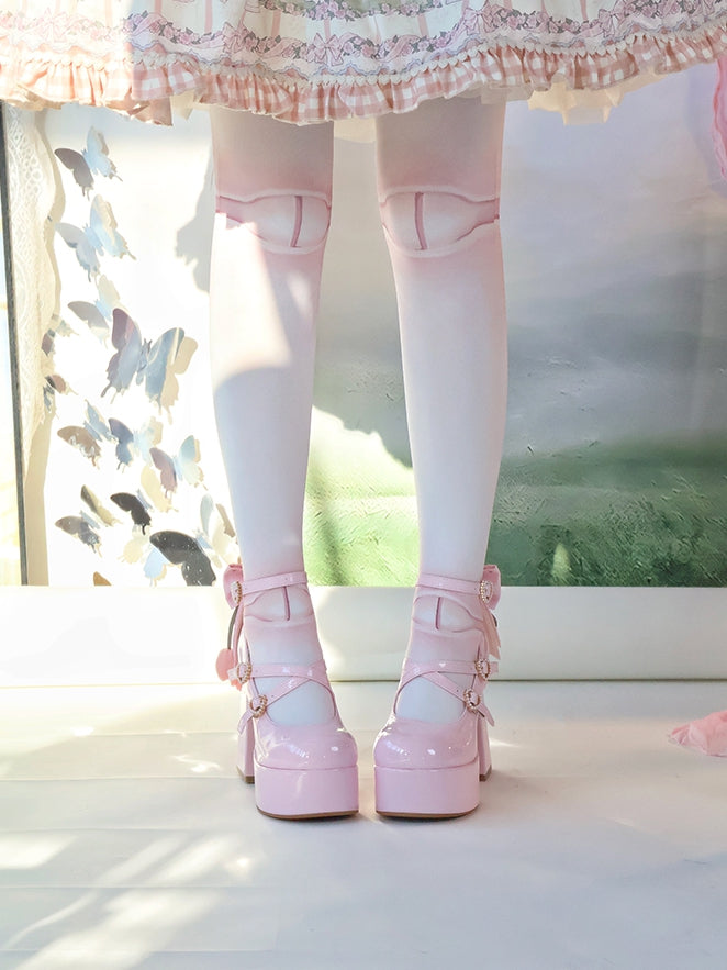 PU Pink Sweet Lolita Platform High Block Heel Mary Janes - Detachable Tulip Bow, Beaded Heart Buckle & Crisscross Straps