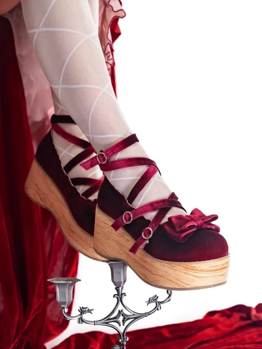 Velvet Wine Red Sweet Lolita Platform Mary Janes - Bow Accents & Crisscross Straps