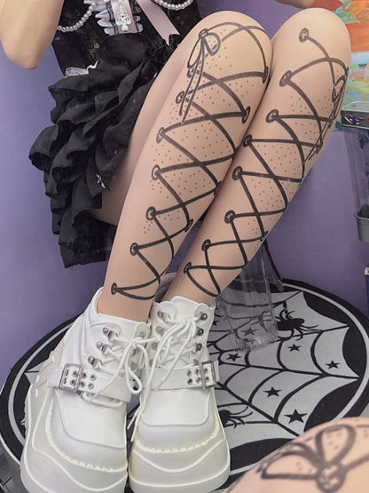 Nude Y2K Lace-up Straps Print Tights