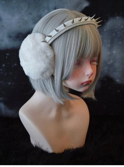 White Handmade PU Studded Plush Earmuffs