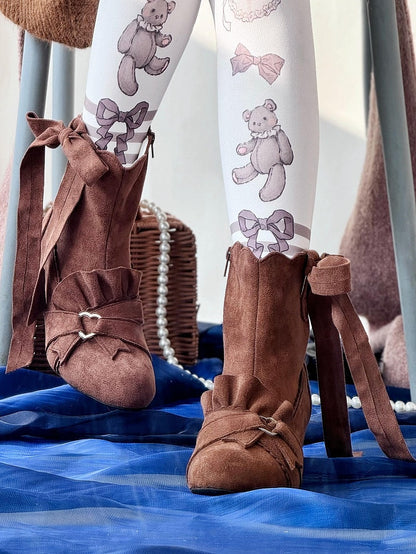 Brown Knotted Bow Accent Zip Closure at Sides Ankle Boots