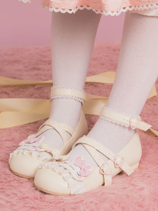 Yellow Polka-dot Pattern Crisscross Design Bowknot Details Bunny Applique Lace Trim Sweet Lolita Shoes