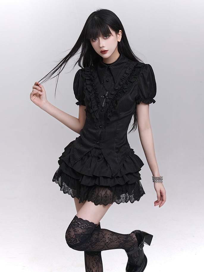 Black Striped Pattern Pointed Flat Collar Curved Hem Gothic Puff Sleeves Blouse