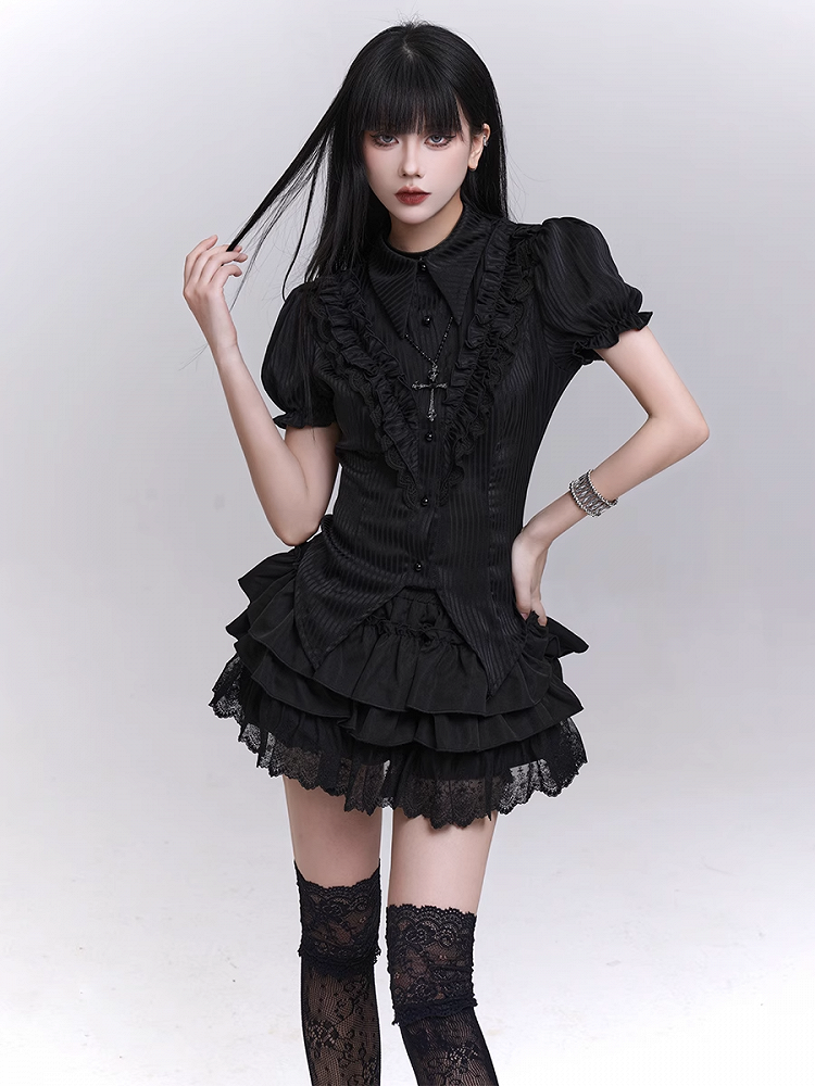 Black Elastic Waist Lace Trim Mini Tiered Skirt Bloomers Lining