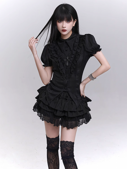 Black Elastic Waist Lace Trim Mini Tiered Skirt Bloomers Lining
