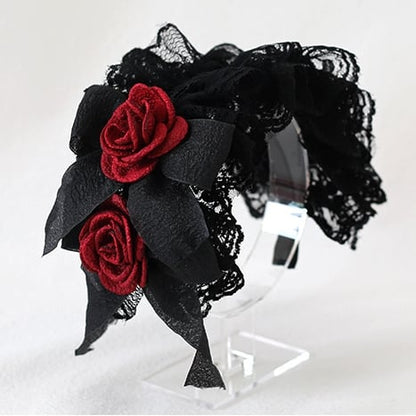 Rosette Design Gothic Black and Red Lace Bowknot KC