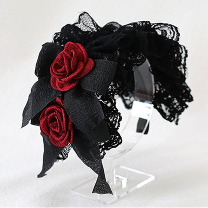 Rosette Design Gothic Black and Red Lace Bowknot KC