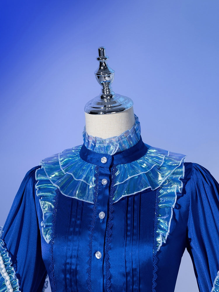 Deep Sea Blue Siren Cascading Ruffle Accents Bead Chain Long Sleeves Prince Shirt