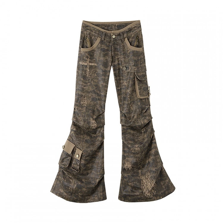 Dusty Grey Camo Low-waist Distressed Design Flared Cargo Pants