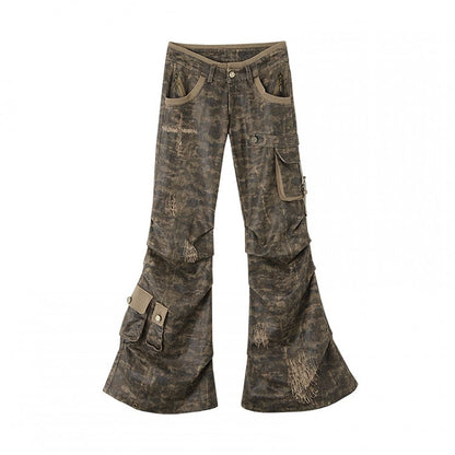 Dusty Grey Camo Low-waist Distressed Design Flared Cargo Pants