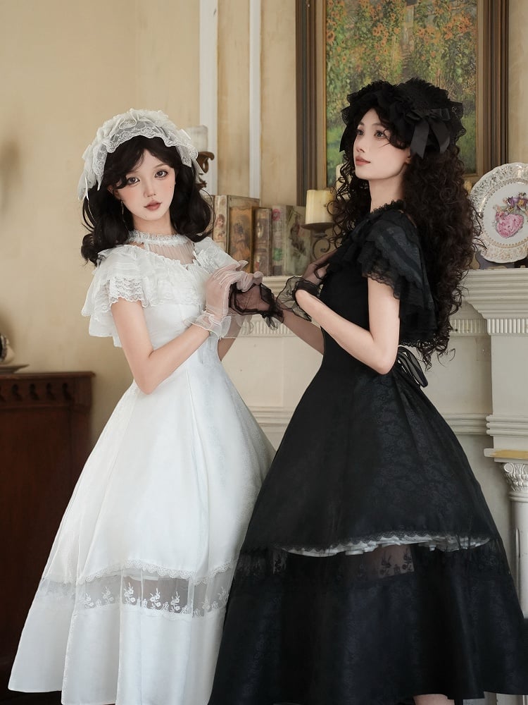 White / Black Tulle Shawl with Rose Brooch