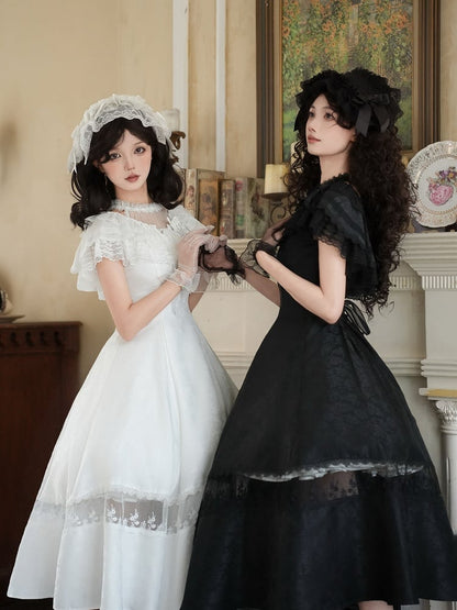 White / Black Tulle Shawl with Rose Brooch