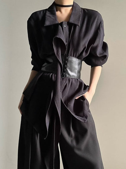 Ouji Lolita Black Retro Loose Pointed Collar Shirt with Long Draping Ribbon