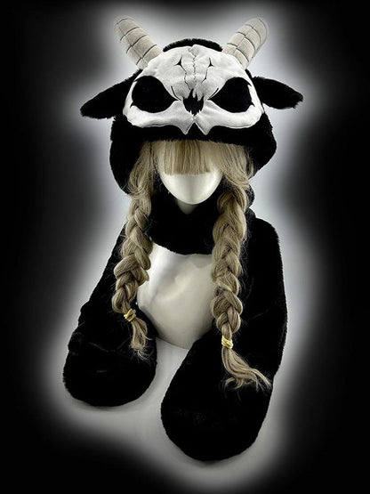 Black and White Grim Reaper Scarf Gloves and Hat All-in-one with Horns